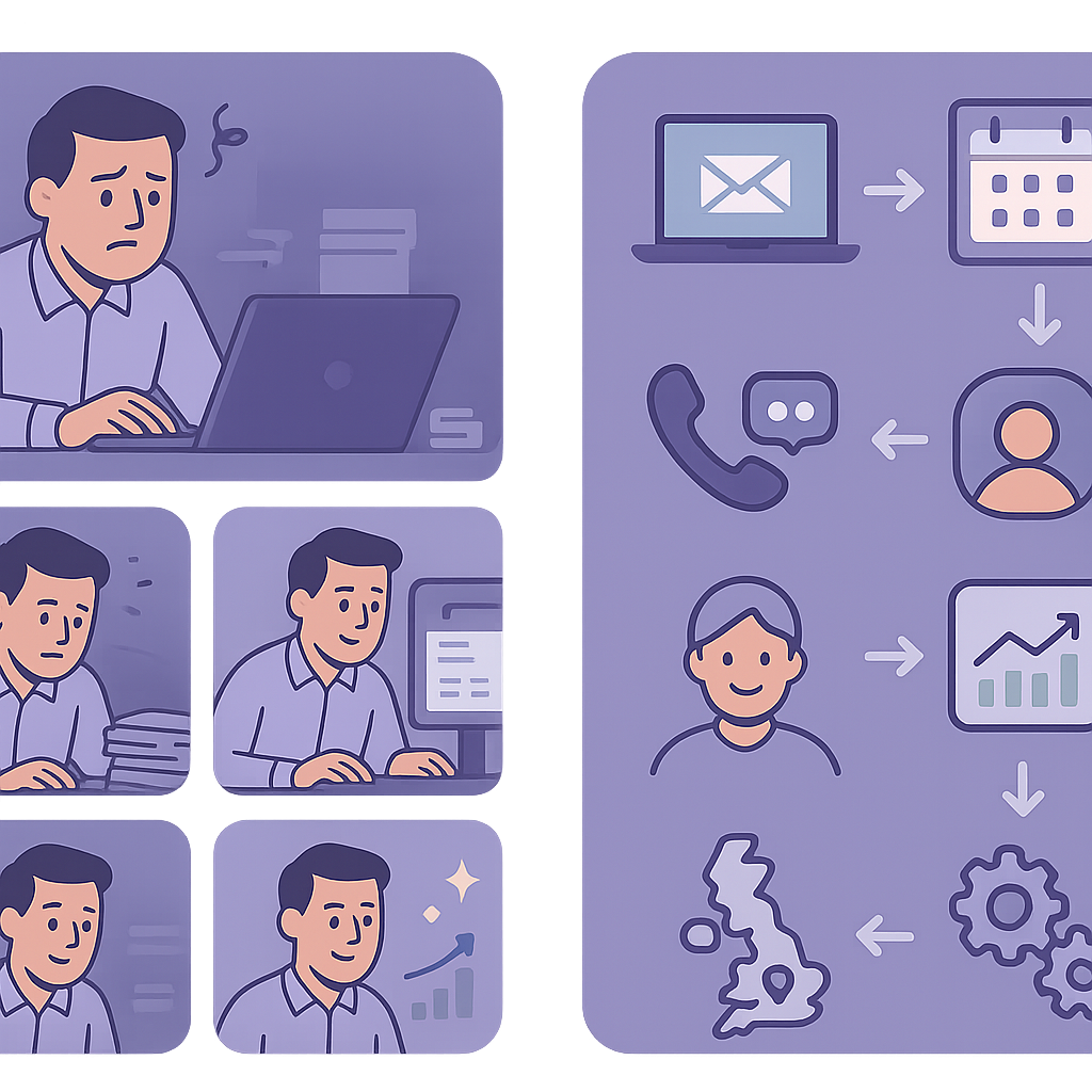 Sales follow-up automation workflow diagram for UK SMEs using CRM tools and AI triggers.