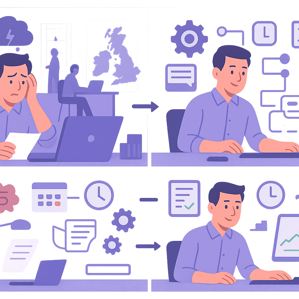 Illustration of automated employee time off management system for UK SMEs ensuring compliance and efficiency.