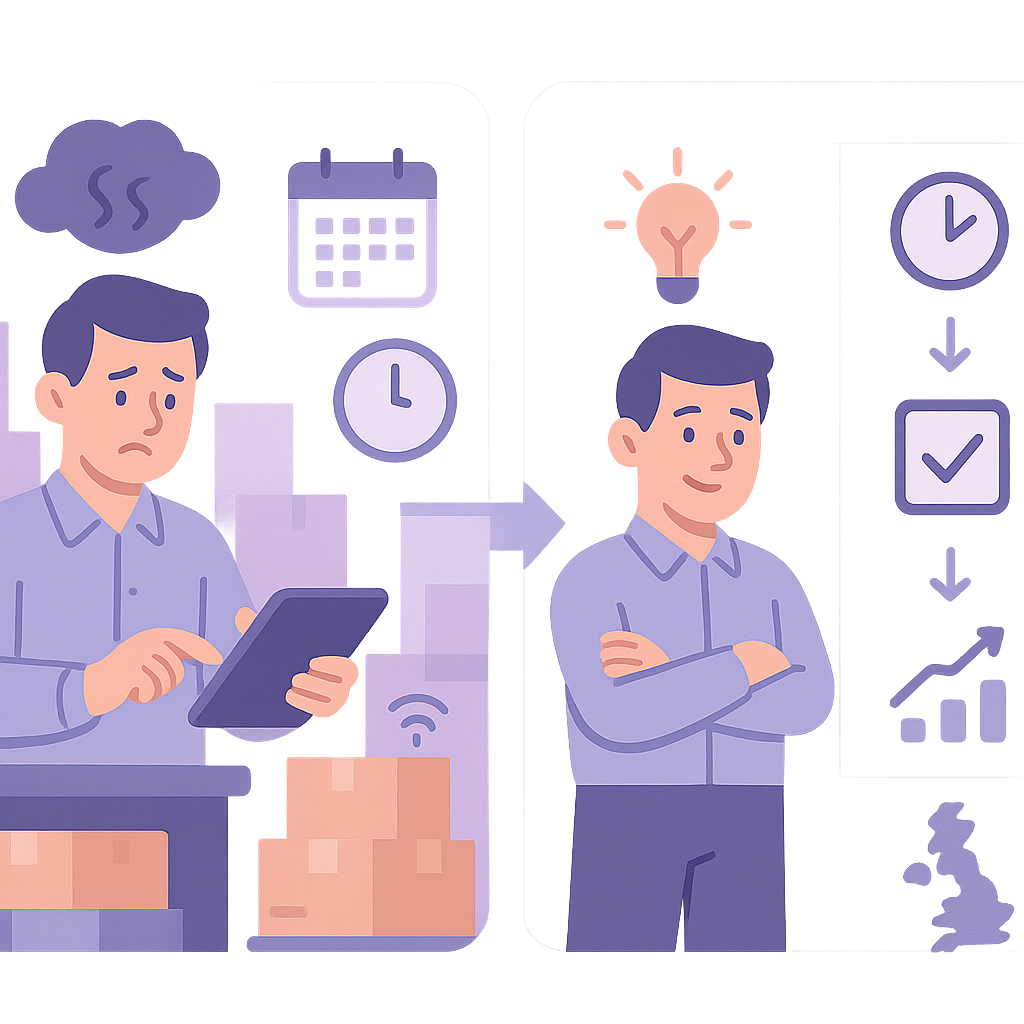 Automation dashboard showing real-time inventory management for UK SMEs reducing stock errors and boosting efficiency.