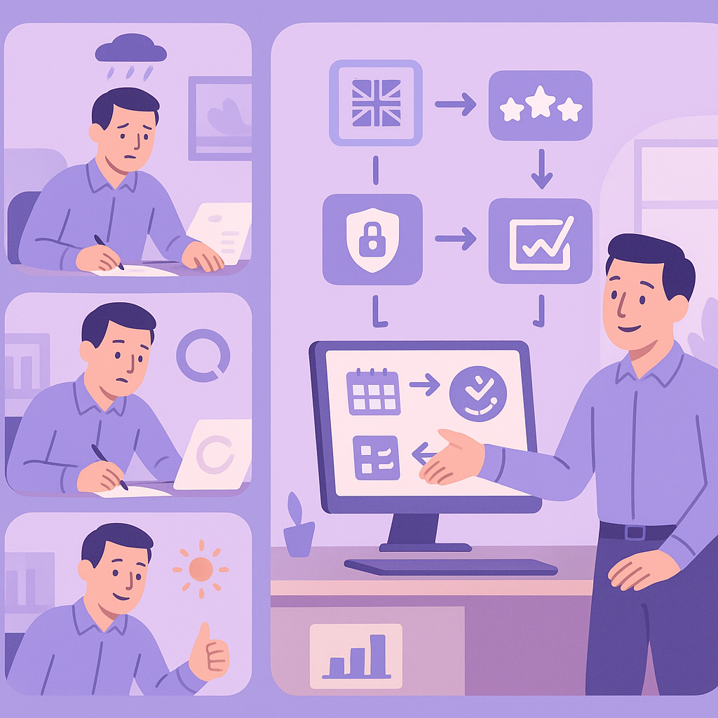 Illustration of automated performance review process for UK SMEs including scheduling, feedback forms, and secure data storage.