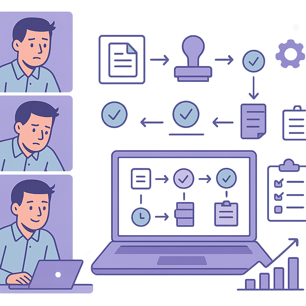 Diagram showing automated purchase order approval workflow for UK small and medium enterprises (SMEs) improving efficiency and compliance.